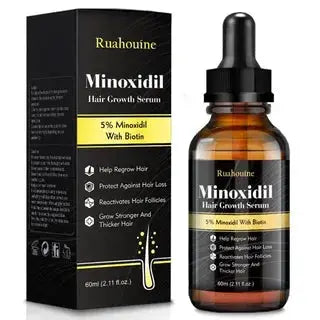 Amber glass dropper bottle of Minoxididi Hair Growth Serum with black cap, label highlighting 5% Minoxidil and Biotin, 60ml size