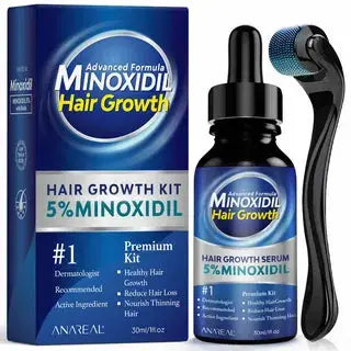 Mirvalisii effective hair growth serum with Minoxidil in a dark blue bottle with dropper, designed to nourish and revitalize hair follicles.